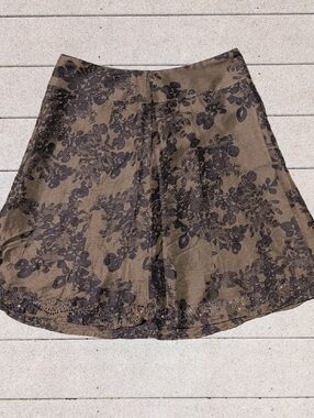 Monsoon Olive and Black Floral Linen Blend A-Line Skirt UK 22/EUR 50